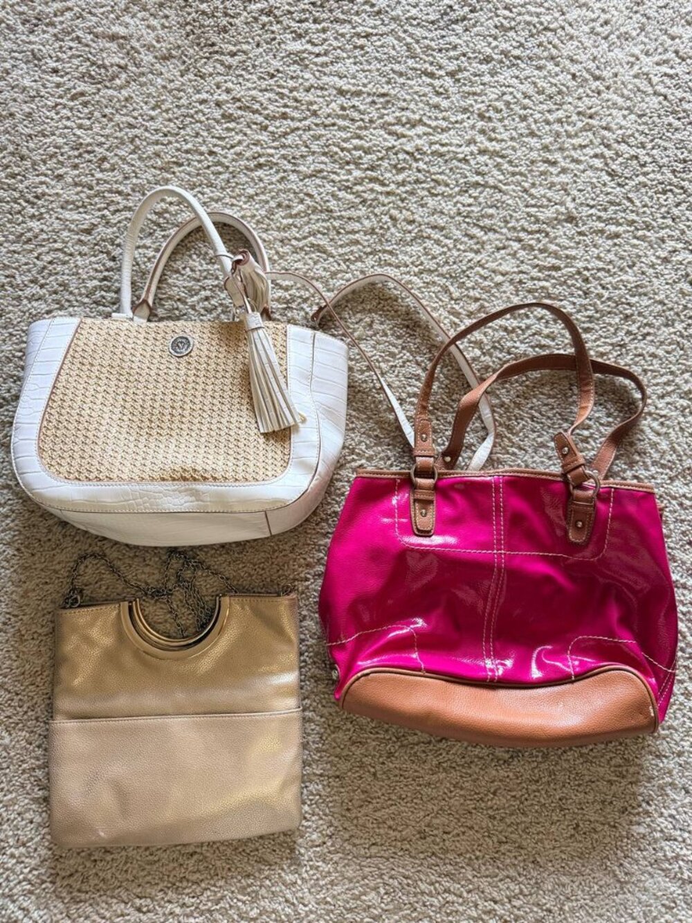 Set of 3 Women Handbags Anne Klein Straw Satchel Nine West Pink Tote Gold Clutch